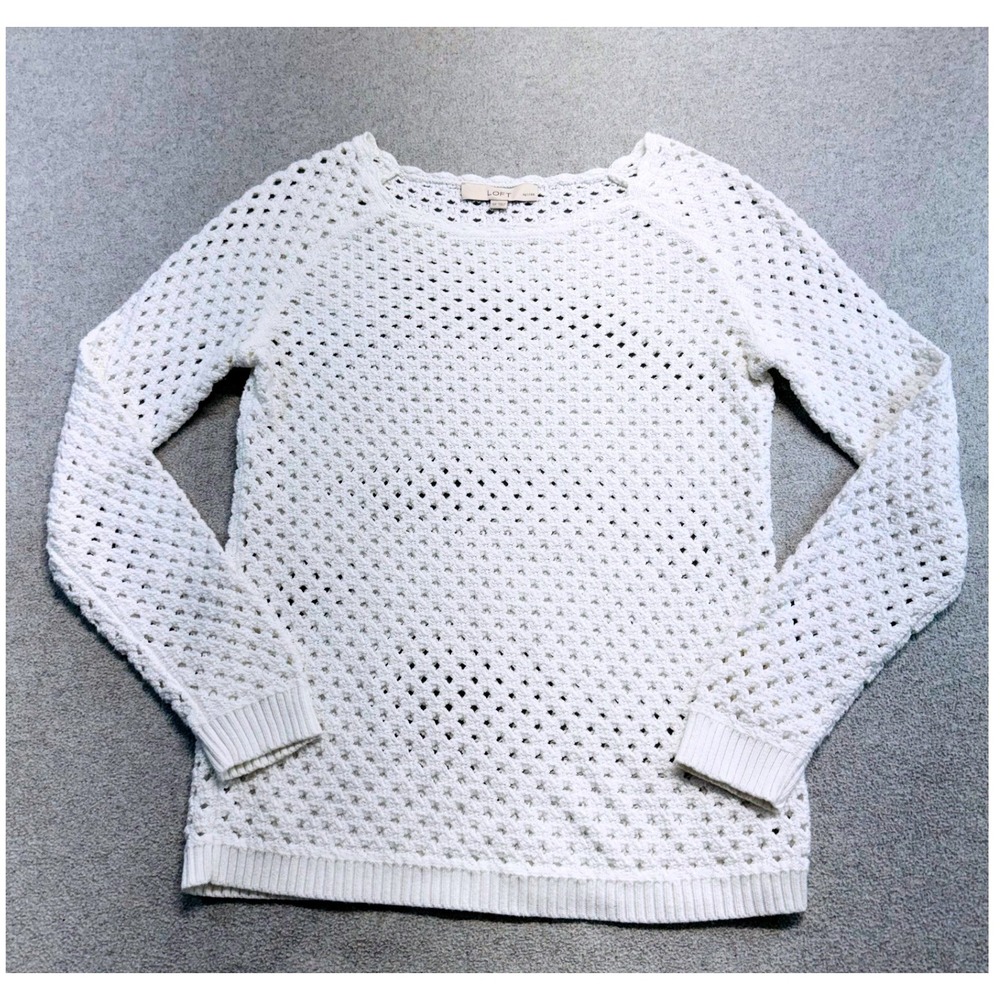Loft Sweater Womens SP White Open Knit Crochet Scalloped Long Sleeve Petite